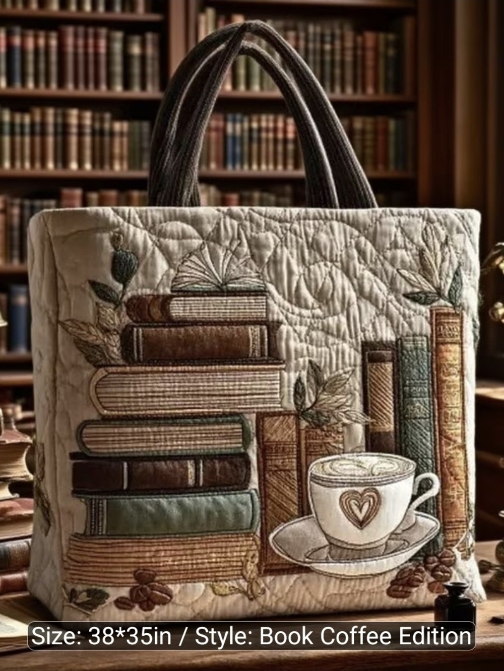 Book & Coffee Print Tote Bag in Cream and Brown